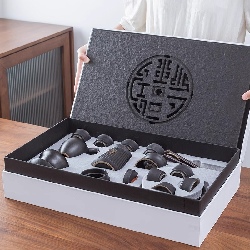 乌金黑陶功夫茶具套装家用轻奢办公室会客整套礼盒乌金石茶盘茶壶
