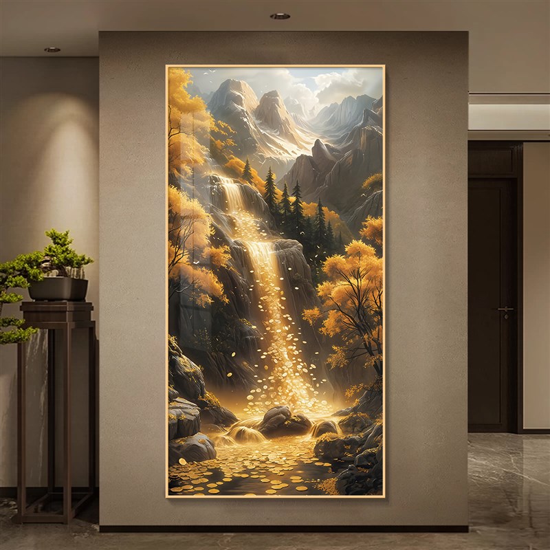 轻奢水晶镶钻瓷,山流水,富贵入口装饰画,聚宝盆风光,山水,客厅走