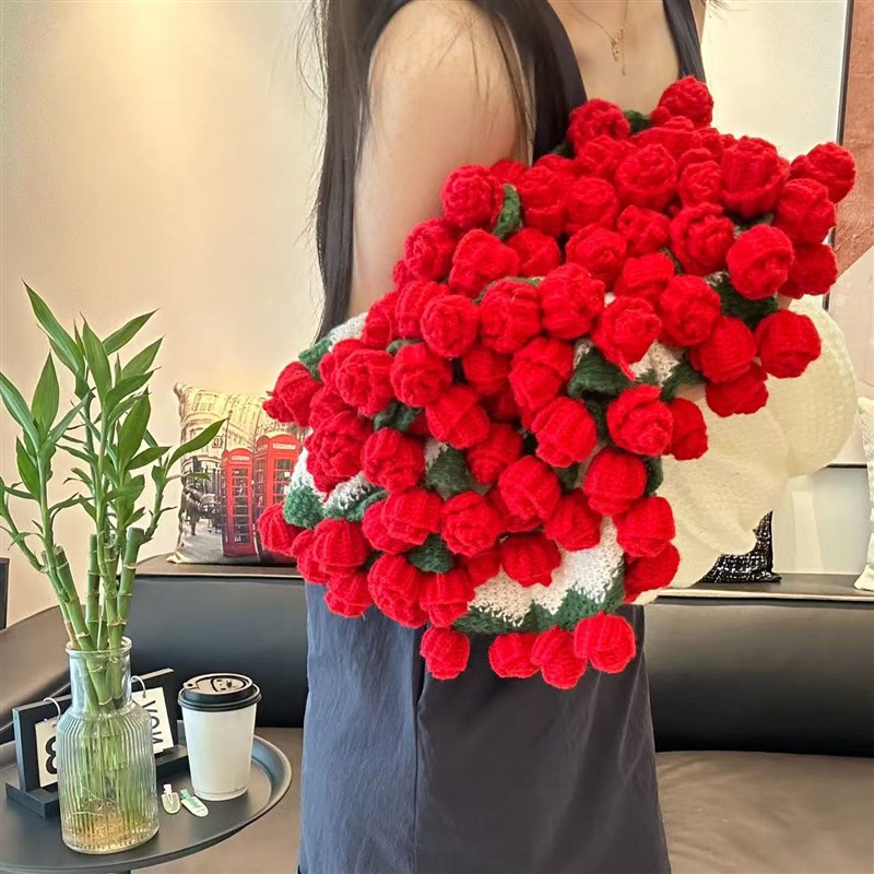 成品玫瑰花束毯子手工针织毛毯送妈妈女生闺蜜新婚实用型生日礼物