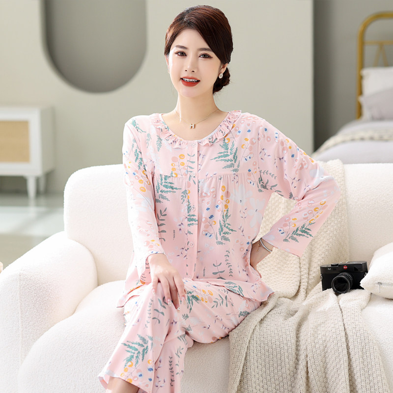 春秋款中老年妈妈棉绸睡衣女士夏季大码人造棉家居服绵绸时尚套装