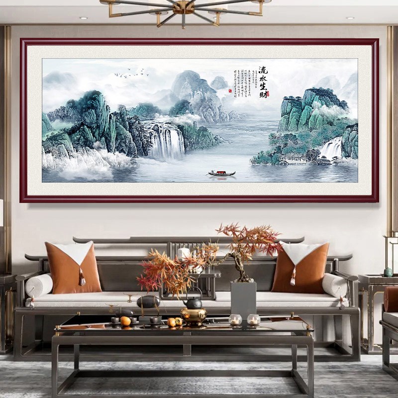 富春山居图客厅挂画实木框风景山水画沙发背景墙装饰画办公室国画