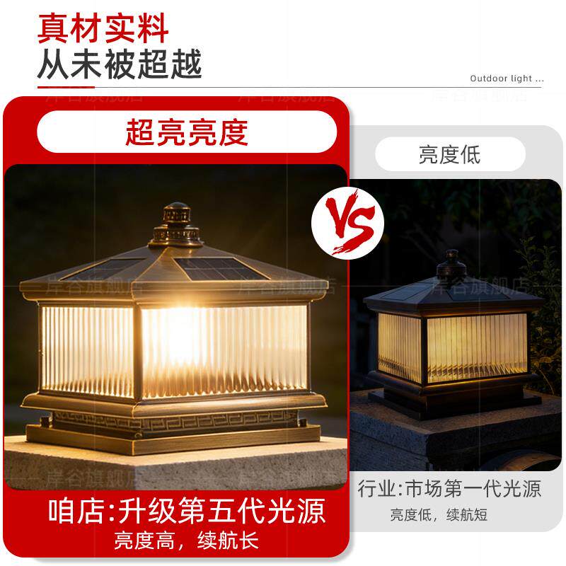 别墅大门柱子灯全铜太阳能柱头灯别墅围墙灯户外大门灯高端门柱灯