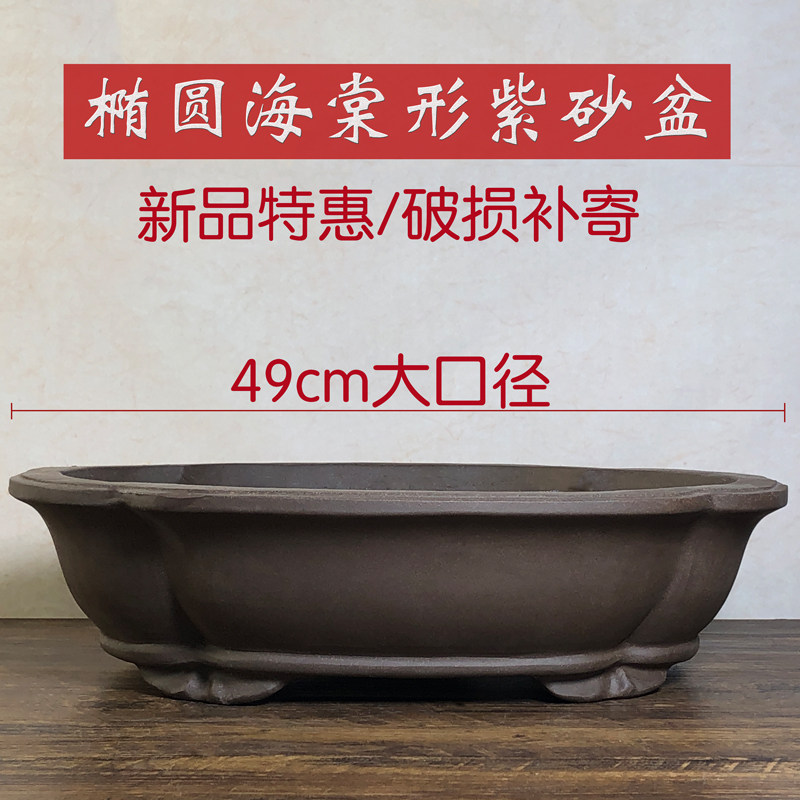 紫砂椭圆花盆特大盆景盆粗陶透气榕树老桩盆罗汉松海棠形盆特大号