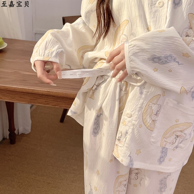 带胸垫月子服夏季薄款坐月子产后哺乳圆领孕妇睡衣春秋可调节大码