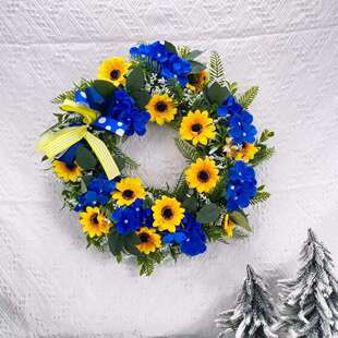 新款跨境深蓝向日葵蝴蝶结乌克兰花环仿真花家居门挂装饰电视背景