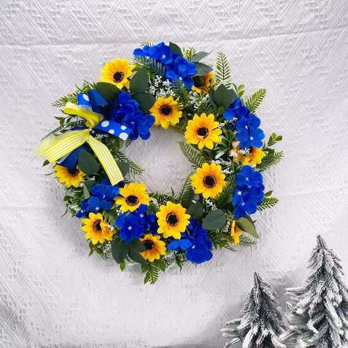 新款跨境深蓝向日葵蝴蝶结乌克兰花环仿真花家居门挂装饰电视背景