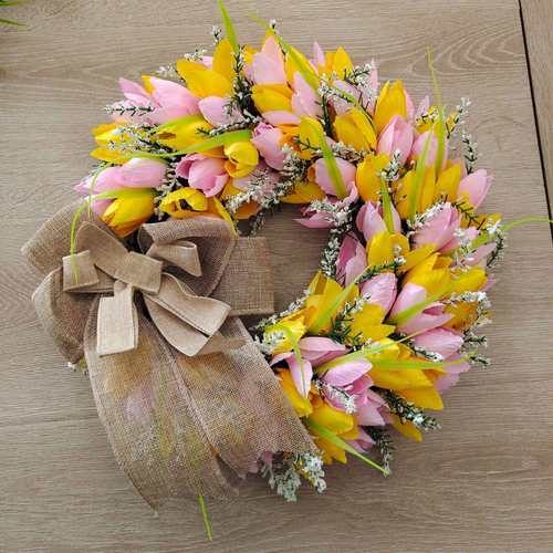 跨境母亲节仿真郁金香蝴蝶结门上挂件家居壁挂吊件工艺品装饰花环