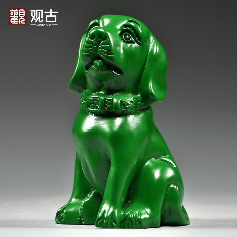 绿色木雕狗摆件十二生肖狗实木头家居客厅电视柜办公室装饰工艺品