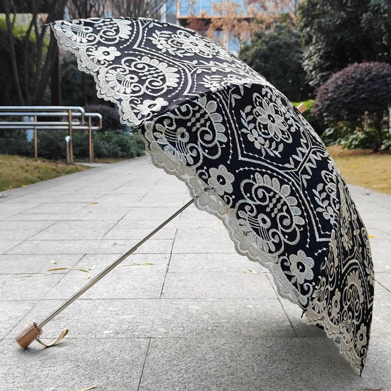 高档重工刺绣花遮阳伞金色黑色抗UV晴雨两用防晒黑胶双层洋伞