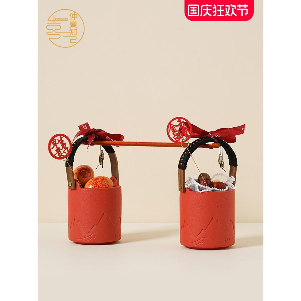仲夏知己新人子孙桶一对结婚婚庆用品陶瓷宝桶娘家陪嫁妆红色喜桶