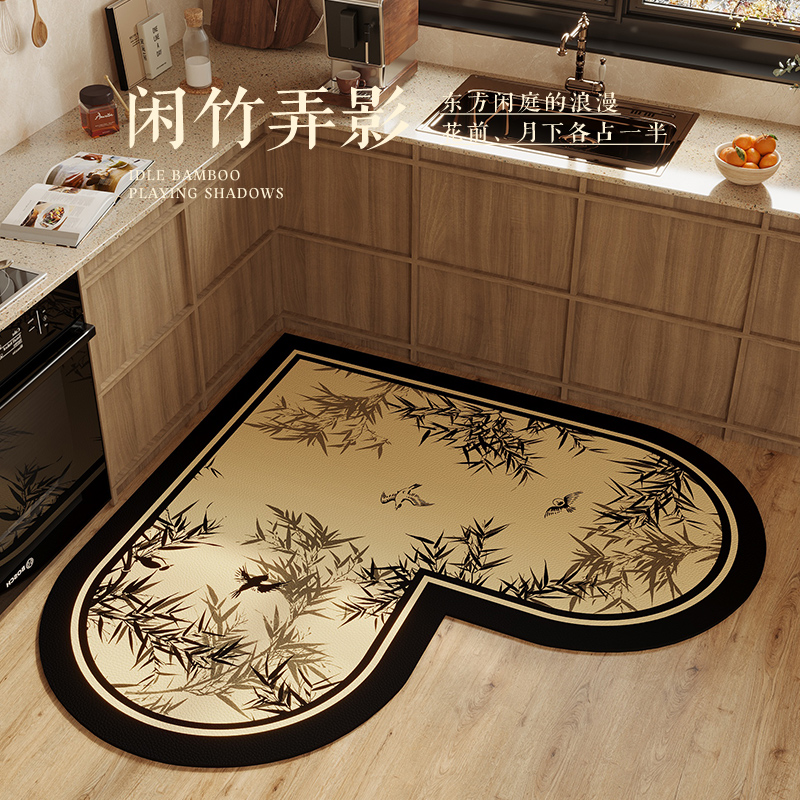 新中式心形厨房地垫吸水皮革脚垫家用入户门可擦免洗防滑耐脏垫子