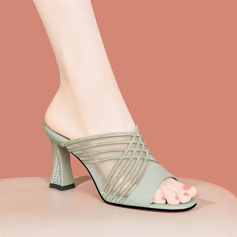 2025夏季新款高跟凉拖鞋女真皮网纱仙女风粗跟皮拖外穿一字拖凉鞋