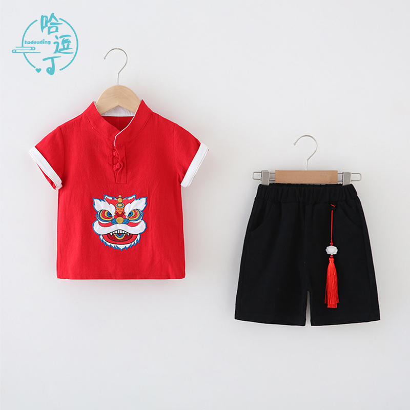 儿童汉服宝宝周岁礼服男夏季w男童一岁抓周衣服红色短袖古风唐装