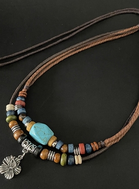 项链女夏小众设计感绿松石多层锁骨链民族风复古装饰女生棉麻配饰