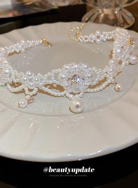 镶钻人造珍珠水晶款花朵项链法式颈链时尚锁骨链高级感轻奢项饰女