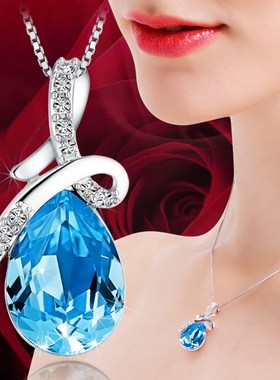 蓝色水晶项链女款纯银高级感轻奢小众简单锁骨链新款水滴吊坠礼物