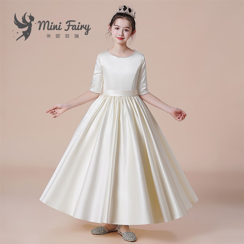 女童晚礼服小女孩高端钢琴演奏公主裙米黄色中袖儿童生日花童演出