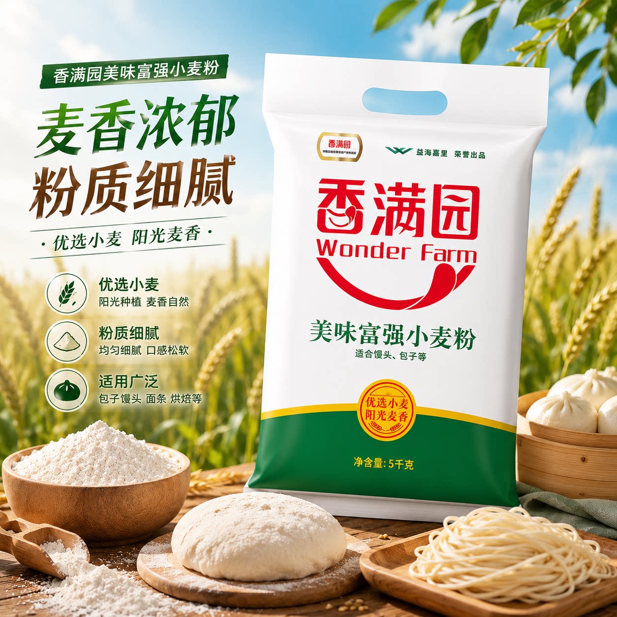 香满园美味富强粉小麦粉5kg中筋面粉 面条包子饺子馒头多用途家用图片