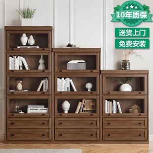 实木家用儿童书柜书架带玻璃门落地防尘柜收纳柜置物架客厅展示柜