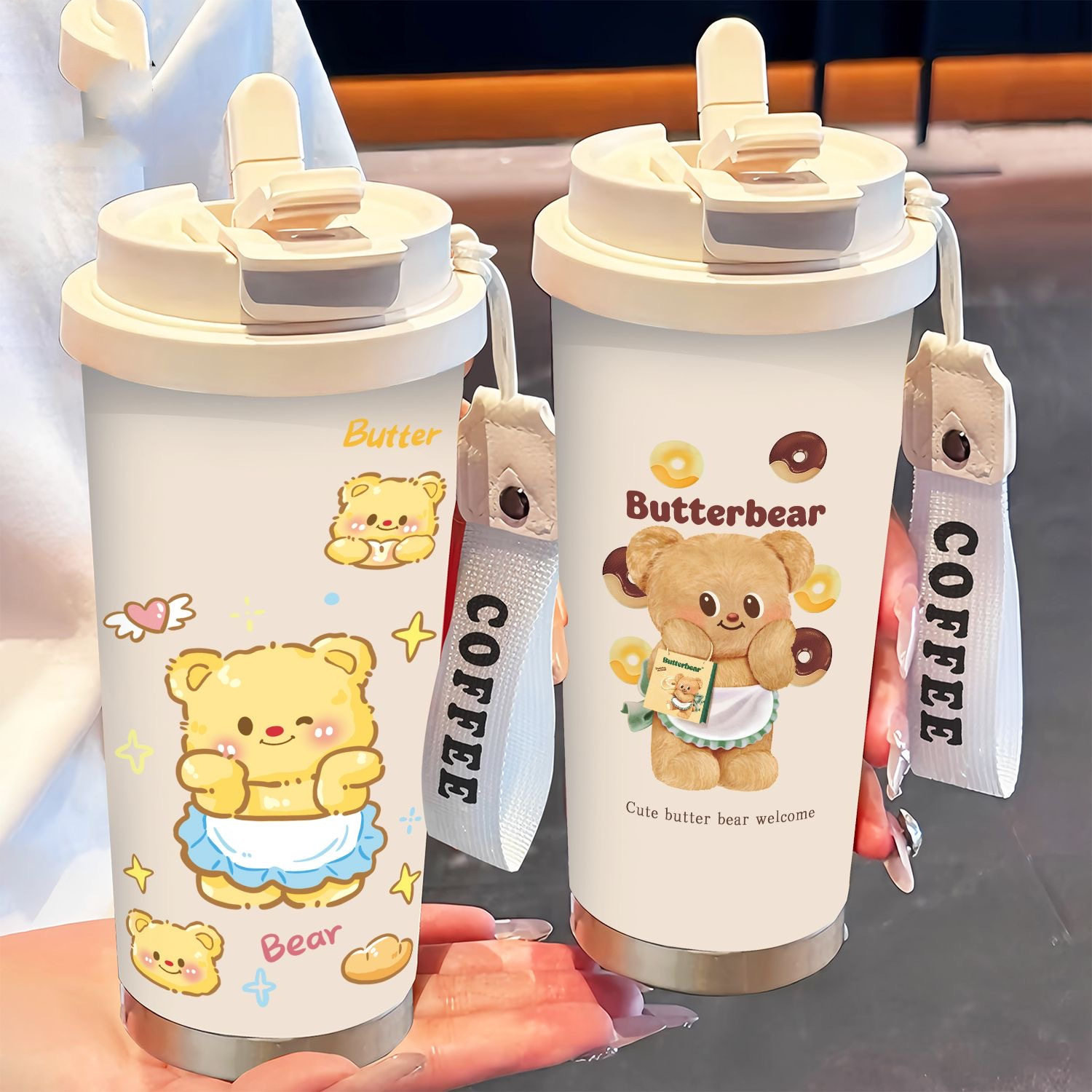 黄油保温杯男款女士高颜值2025新款学生吸管杯新款男女双饮口不锈