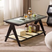 定制复古茶几实木藤编客厅家用餐桌两用玻璃长方形简约现代小户型