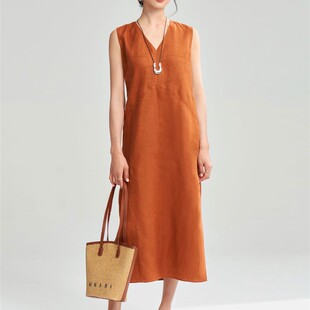 25夏季 连衣裙25037 100亚麻舒适凉感透气简奢优雅气质V领无袖