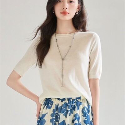 25夏季100%绵羊毛短袖圆领打底针织衫女宽松气质百搭T恤毛衫25252