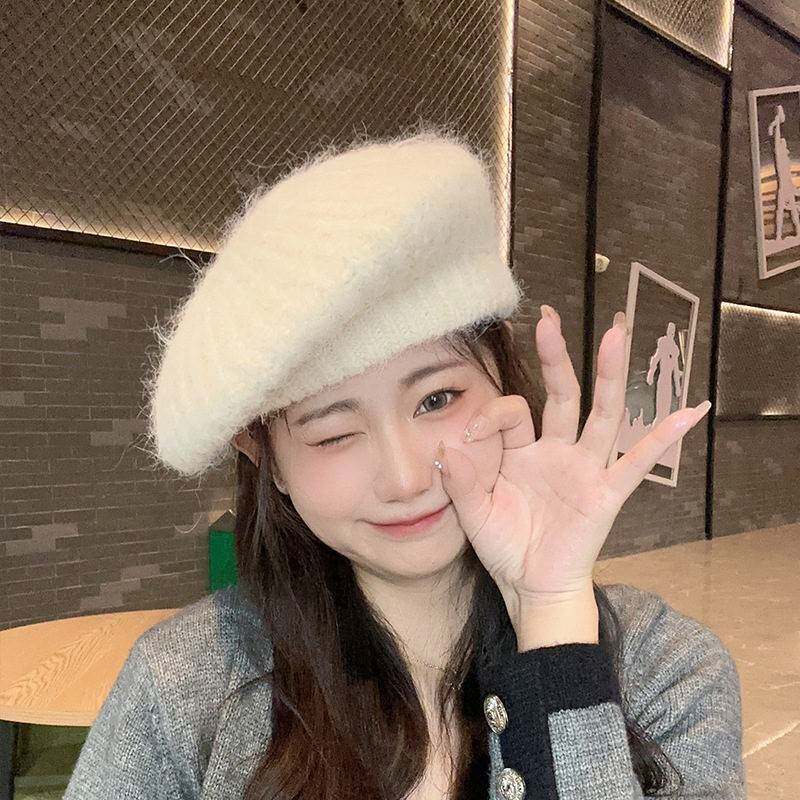 秋冬季毛绒加厚贝雷帽女时尚显脸小韩版百搭画家帽户外保暖报童帽