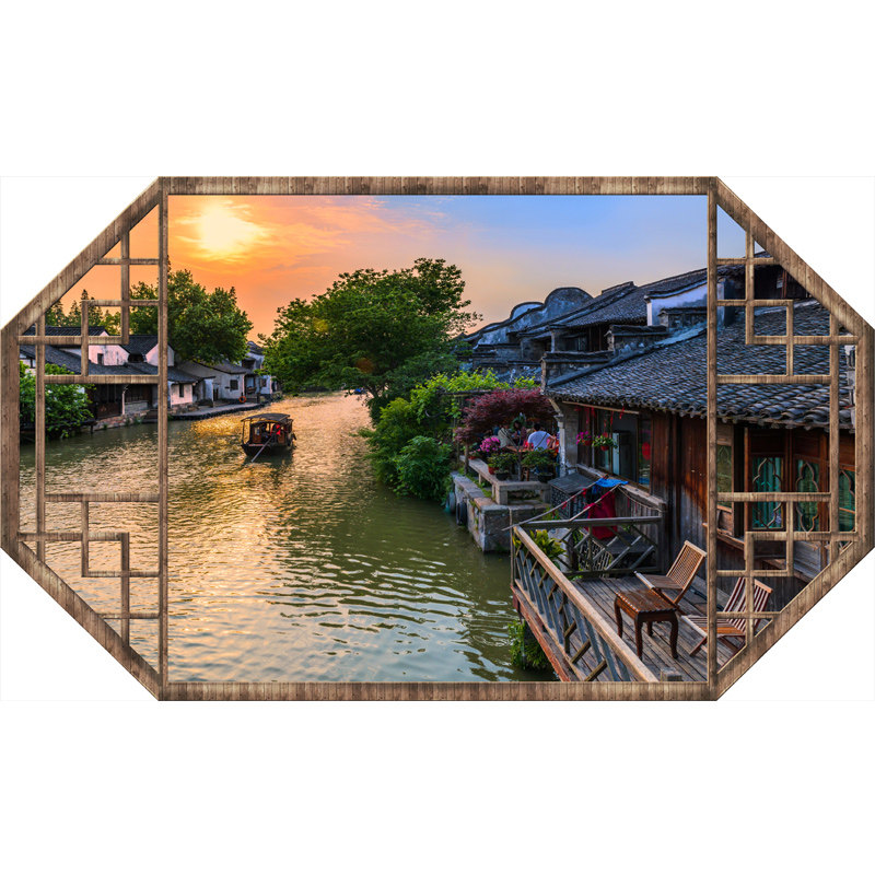 3D立体中国风古典假窗户墙贴画复古老城风景中式假窗客厅装饰贴画