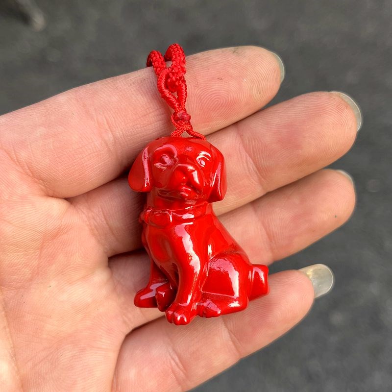红色木雕木狗挂件十二生肖招财木质红色小狗吊坠装饰品实木狗挂饰