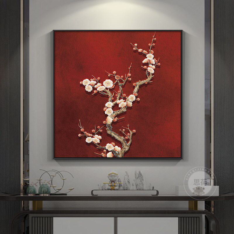 新中式客厅装饰画红色花鸟茶室书房中国风背景墙玄关壁画方形挂画