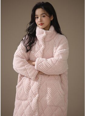【超厚】睡袍女冬季三层夹棉加厚珊瑚绒睡衣保暖浴袍棉袄家居服