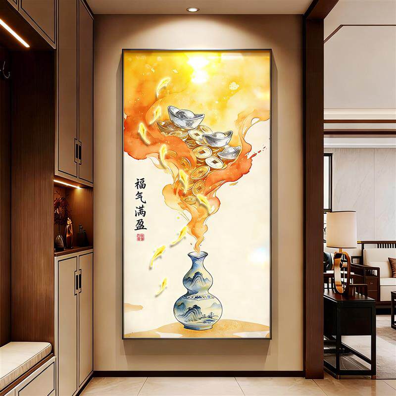 新中式玄关装饰画入户正对门寓意好挂画新款财运亨通走廊尽头壁画