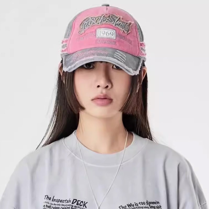 NICE2SEEU 做旧英文棒球帽短檐遮阳帽大头围显脸小牛仔鸭舌帽女