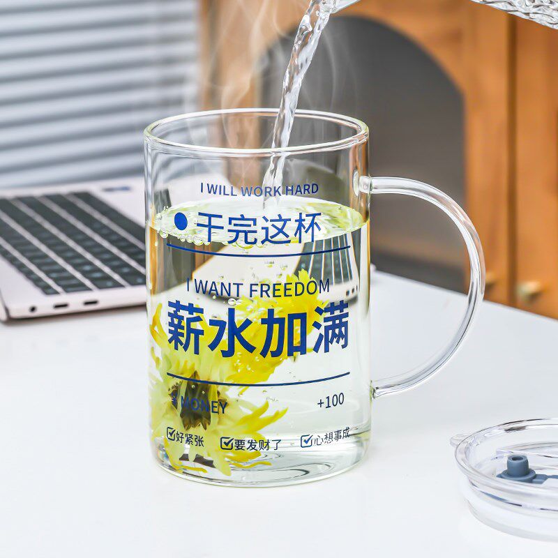 大容量玻璃杯1L高颜值办公室耐高温家用喝水杯子带盖子泡茶杯带把
