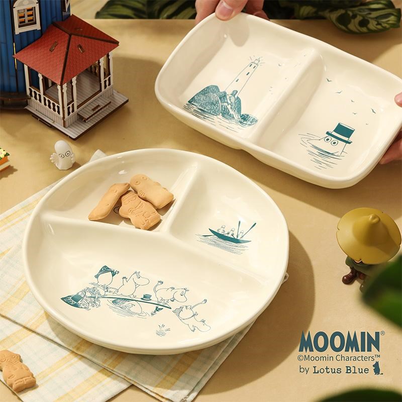 MOOMIN姆明餐具下午茶点心盘儿童两格三格分餐盘陶瓷椭圆形盘子