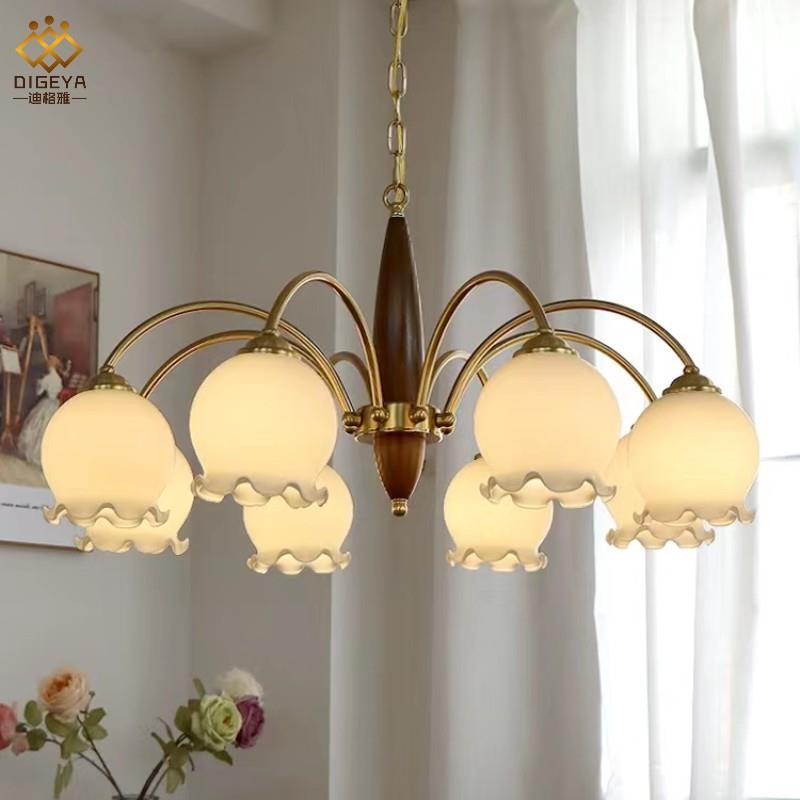 日式复古炸水纹铃兰朵卧客厅灯693胡桃灯木全光花谱实木玻璃室民