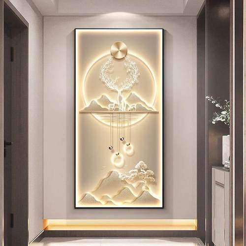 现代轻奢玄关装饰画入户门麋鹿走廊过道挂画客厅茶室山水壁画灯画