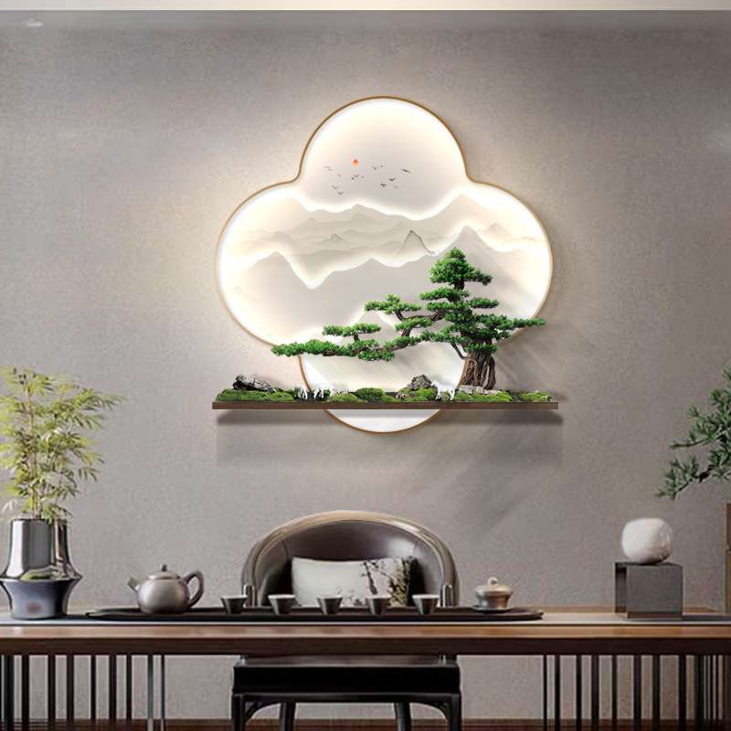 玄关5D立体浮雕装饰画入户对门发光壁画新中式山水画书房茶室挂画图片