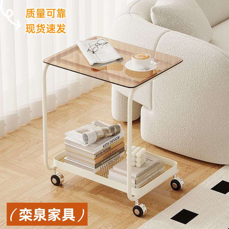 c型玻璃边几推车可移动小茶几桌子奶油风沙发床头迷你边桌带轮