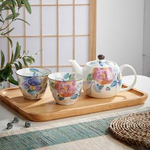 日式 日本进口美浓烧陶瓷茶壶茶杯套装 和风家用花水彩茶具礼盒