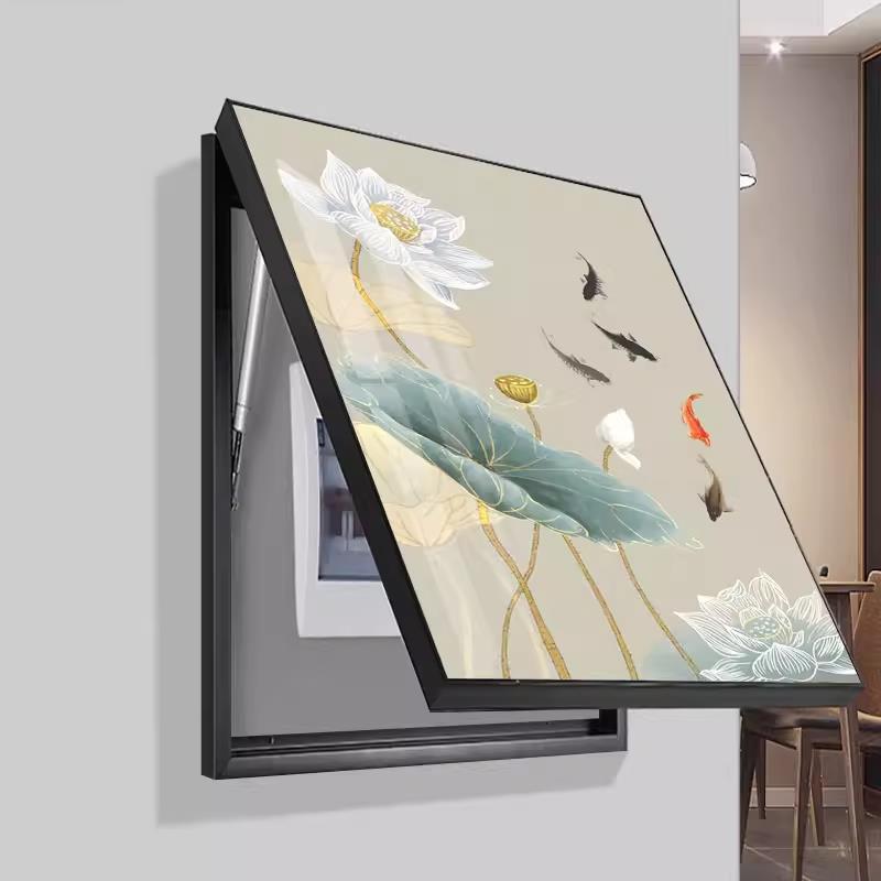 现代简约新中式铝合金框电表箱装饰画液压上翻荷花九鱼挂画免打孔图片