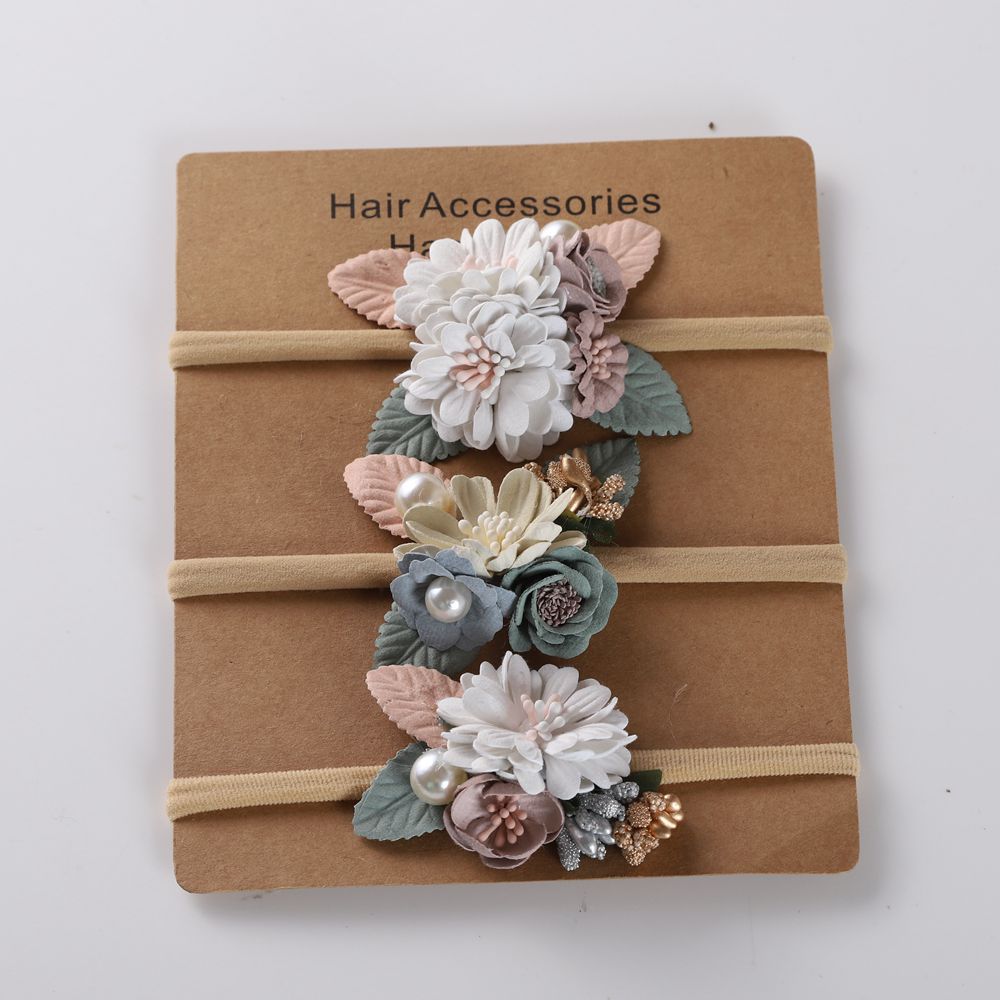 欧美时尚少儿仿真花尼龙高弹力发带宝宝珍珠花朵度假拍照头带发饰