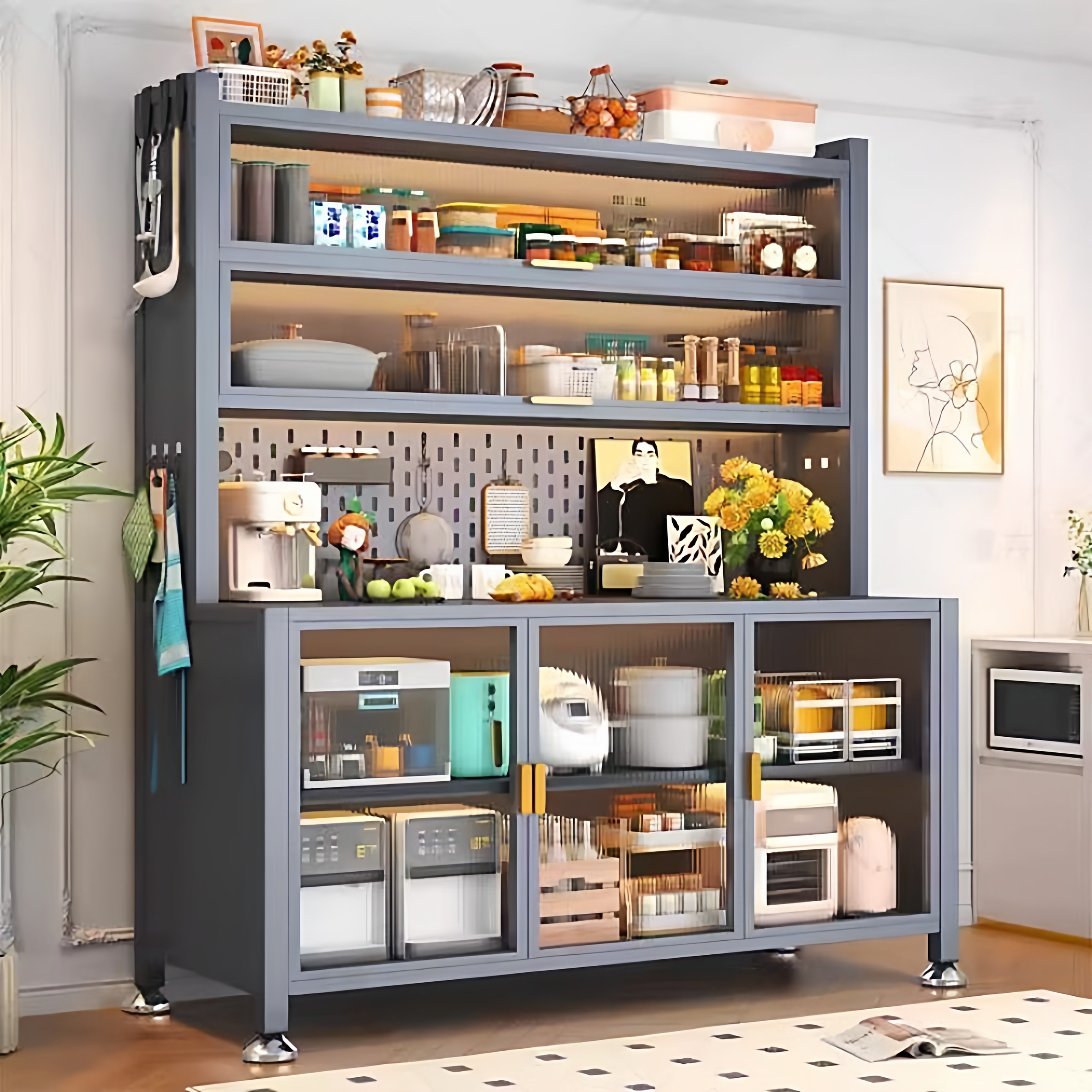 铁艺餐边柜厨房钢制餐边柜靠墙一体储物柜厨房落地多层橱柜收纳柜,厨房/烹饪用具,微波炉置物架,淘宝优惠券,粉丝福利购,淘宝优惠卷