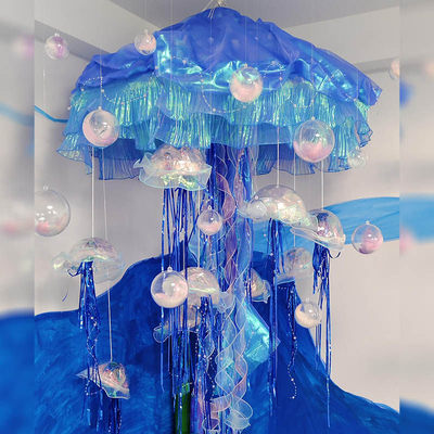 幼儿园海洋主题环创水母灯雨伞褶皱花边鱼尾纱diy吊饰班级装饰品
