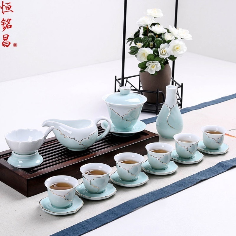 整套陶瓷青瓷功夫茶具套装欧式手工描金白瓷盖碗杯垫公道杯茶杯