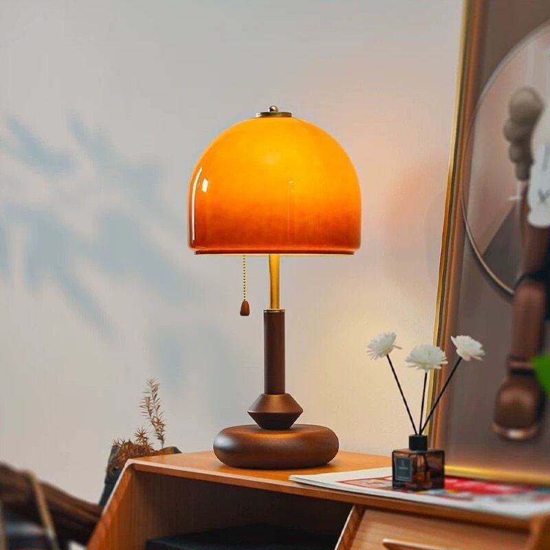 中古台灯复古胡桃木色玻璃装饰台灯美式卧室床头书房高级感创意灯