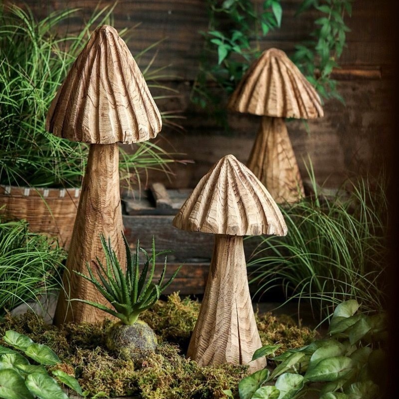 创意实木蘑菇落地摆件样板房软装木质摆设侘寂风复古民宿庭院造景