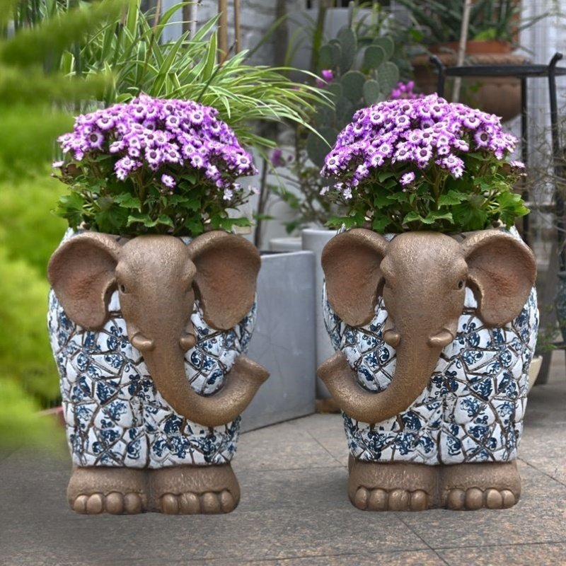 复古仿青花瓷大象花盆摆件创意户外园林动物雕塑庭院花园草坪装饰