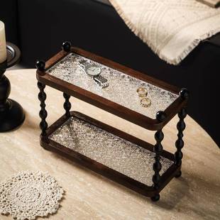 复古风实木双层置物架品质相思木灰边置物托盘轻奢桌面双层收纳架